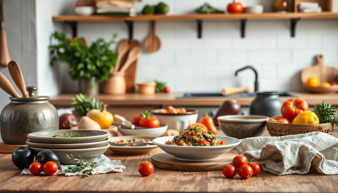 Balanced healthy meal prepared in a home kitchen